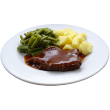 Runderlapje met jus, sperziebonen en gekookte aardappelen (zoutarm/natriumarm)